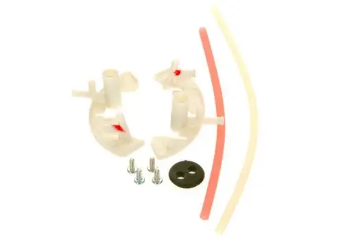 BOSCH Differenzdruckabnahme-Set mit zwei Kunststoffkomponenten, zwei farbigen Schläuchen, einer Dichtung und mehreren Schrauben zur Montage.